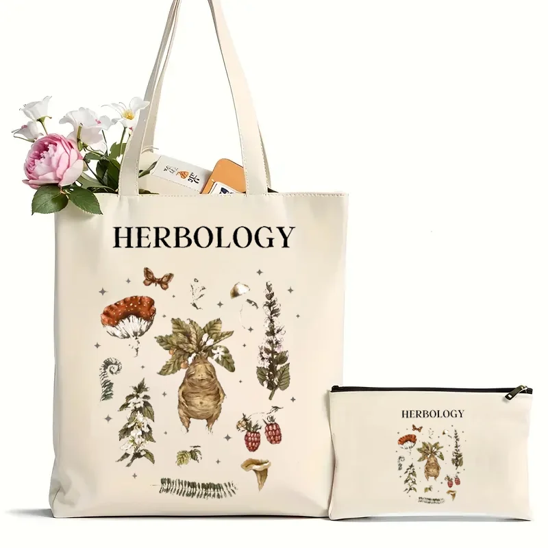 Borsa a tracolla con motivo Herbology da 2 pezzi, borsa a tracolla in tela leggera per il viaggio quotidiano, borsa per la spesa riutilizzabile da