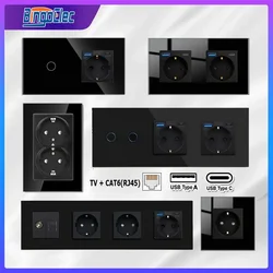 Bingoelec EU Standard Wall Socket Glass USB Electrical Outlet,Light Switch Dual Sockets with TV CAT6 Internet RJ-45 jack