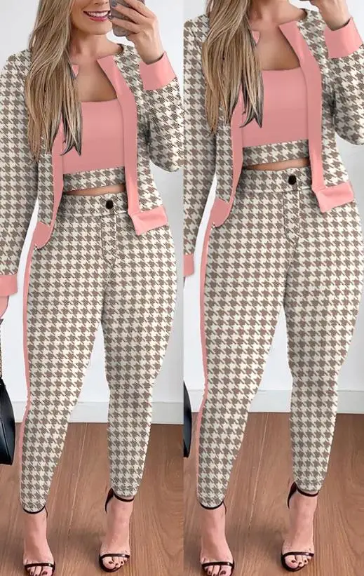 2023 Autumn Winter Spring New Fashion Casual Womens Two Piece Sets Outfit Plaid Print Contrast Paneled Coat & Pants Set