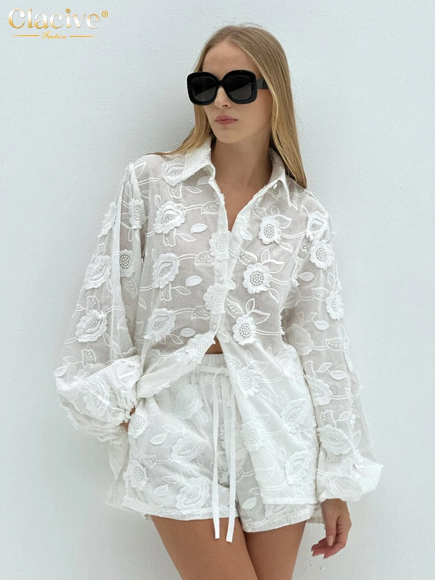Clacive Fashion Białe bawełniane 2-częściowe zestawy damskie Elegancka koszula z długim rękawem i szortami z wysokim stanem Kobieca odzież uliczna