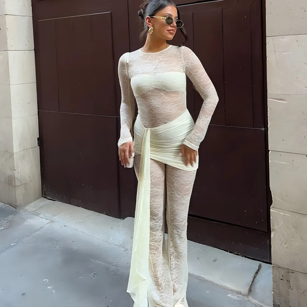 Women Sexy Patchwork Ribbon See Through Mesh Flare Jumpsuits O Neck Long Sleeve Ruched Booty Lifting Slim Club Party Overalls