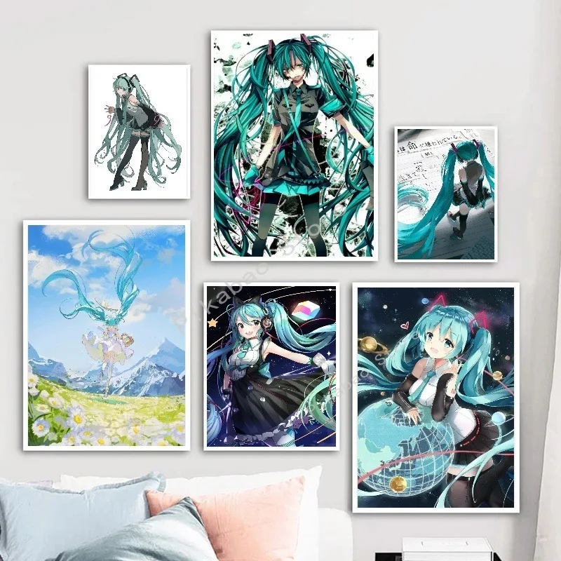 H-Hatsune Anime Miku-Poster Cartoon beautiful girl Anime Canvas Print Poster Poster Wall Art Decoration For Home Room Decoration