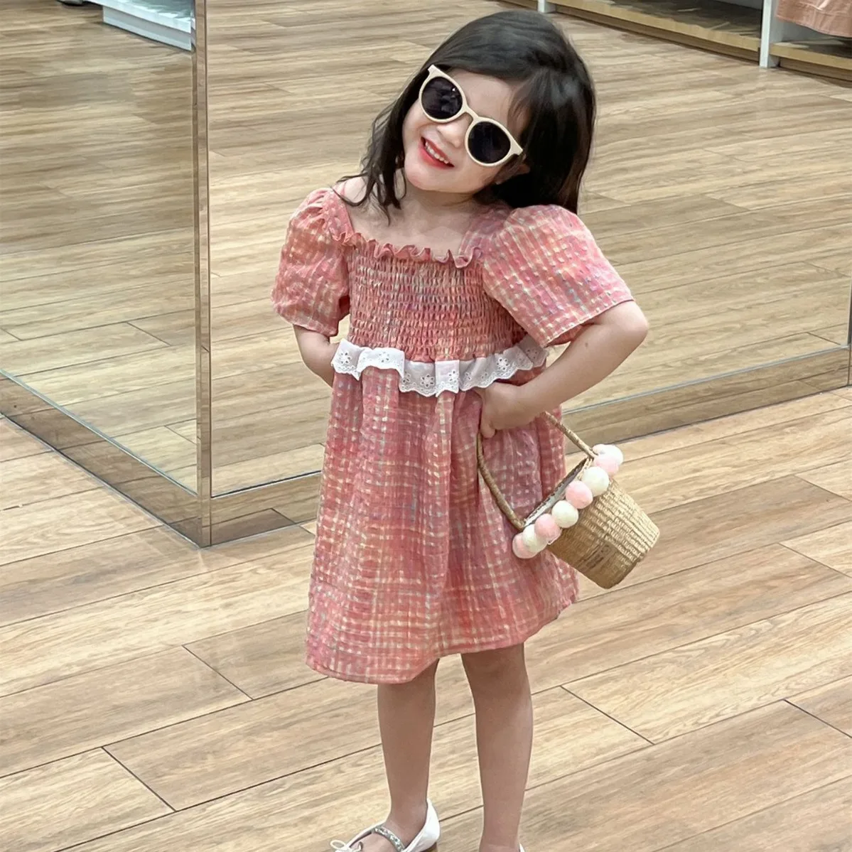 Girl Dress 2024 Summer Korean Style Children Clothes Mori Girl Sweet Bubble Lace Pull Pleated Princess Short Sleeve Dress