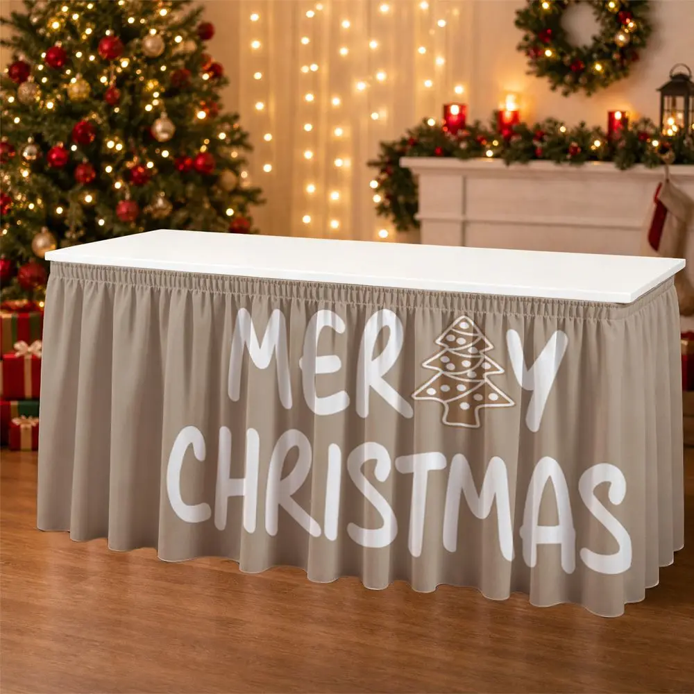 One-piece Christmas party table skirt with Christmas tree pattern printed border