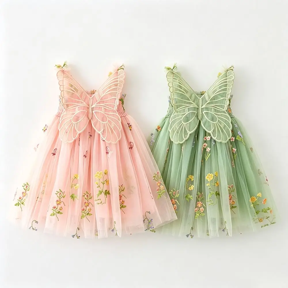 Stylish Mesh Fabric Princess Dress Suspender Design 3D Wings Fairy Dress Puff Skirt Floral Embroidery Children's Dress For Girls