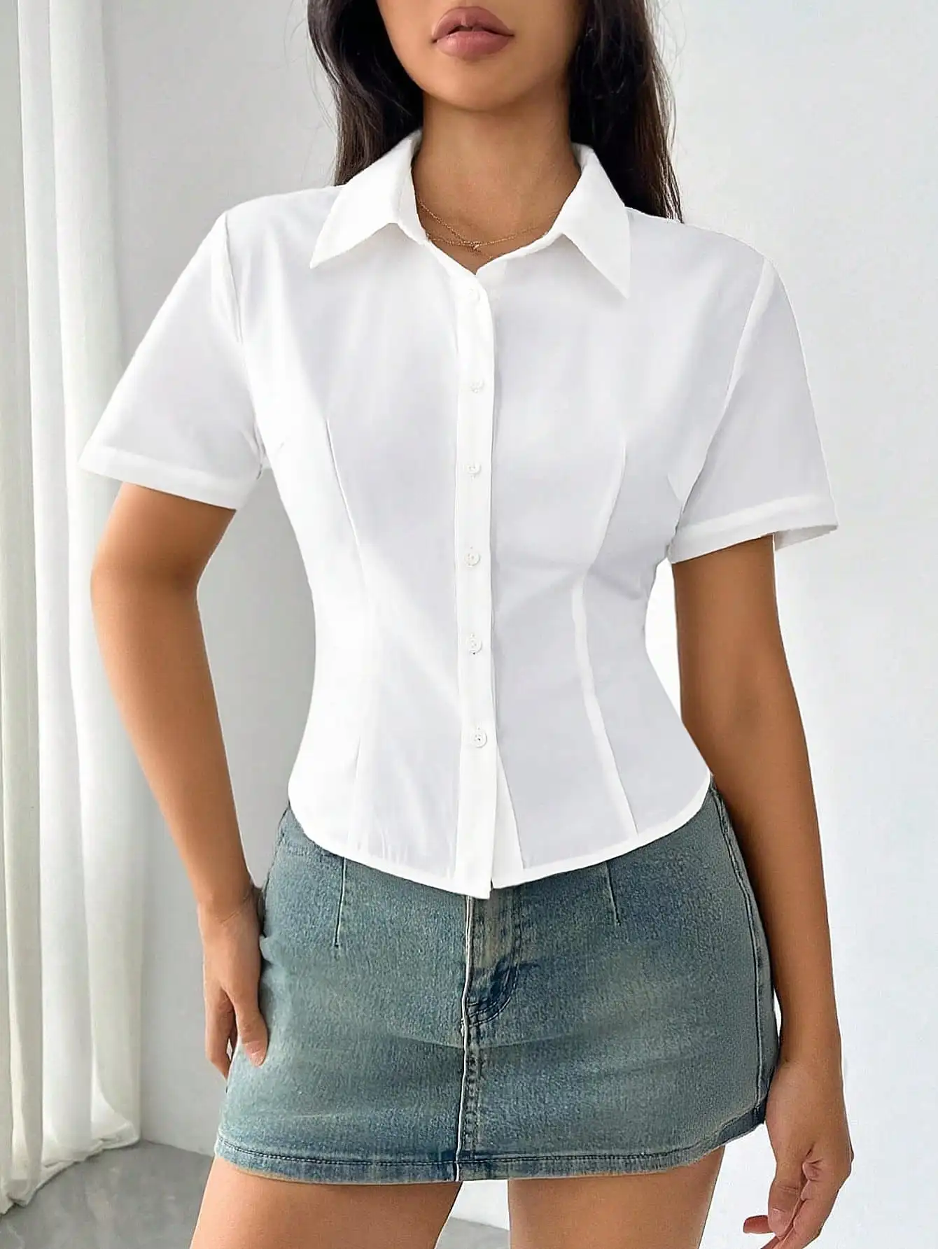 

Women's Solid Color Button Front Waist Cinched Business Casual Short Sleeve Blouse