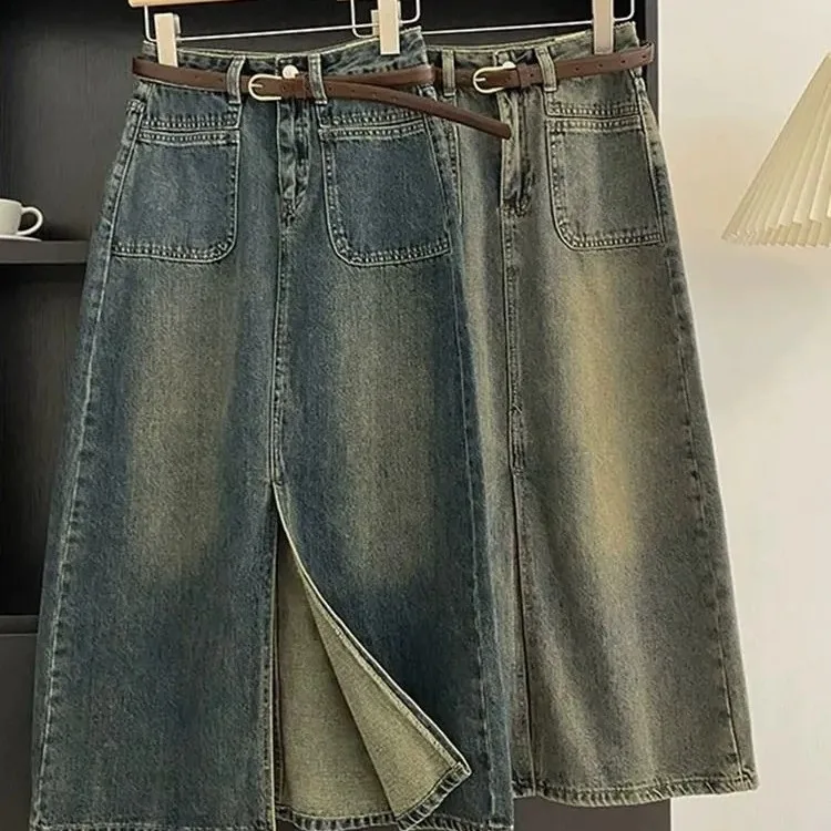 Vintage Denim Skirt Women Casual Long Skirts Washed Distressed Split Hem High Waist Pockets A Line 2024 Female Streetwear