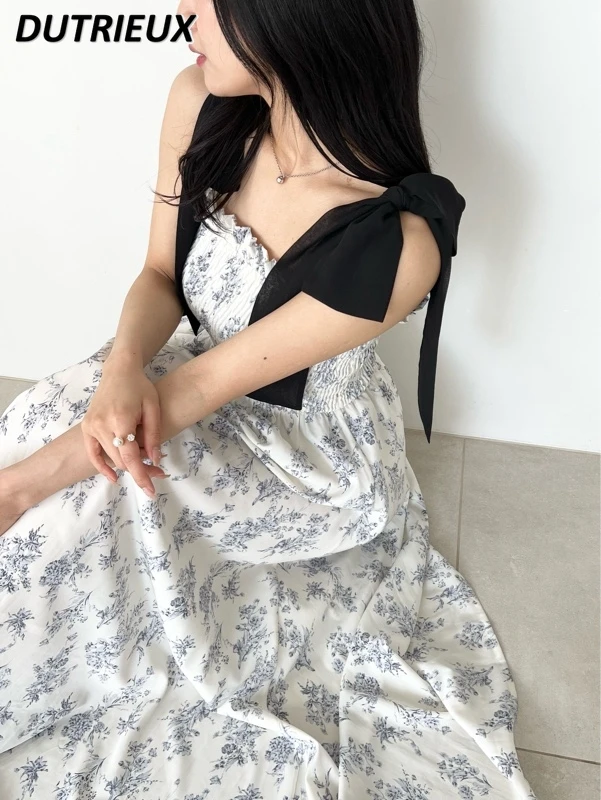 

Japanese Style Commuter Shoulder Lace Printing Sleeveless Swing Long Dress Summer Sweet Girl High Waist Sling Maxi Dresses