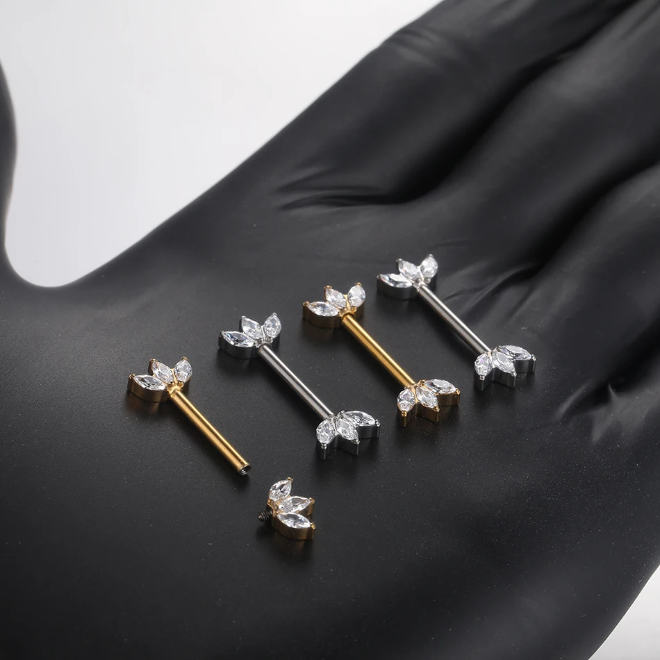 1/5PCS Titanium Zircon Nipple Rings Barbell Internally Thread Marquise CZ Nipple Shield Bar Helix Earring Piercings Jewelry 14G