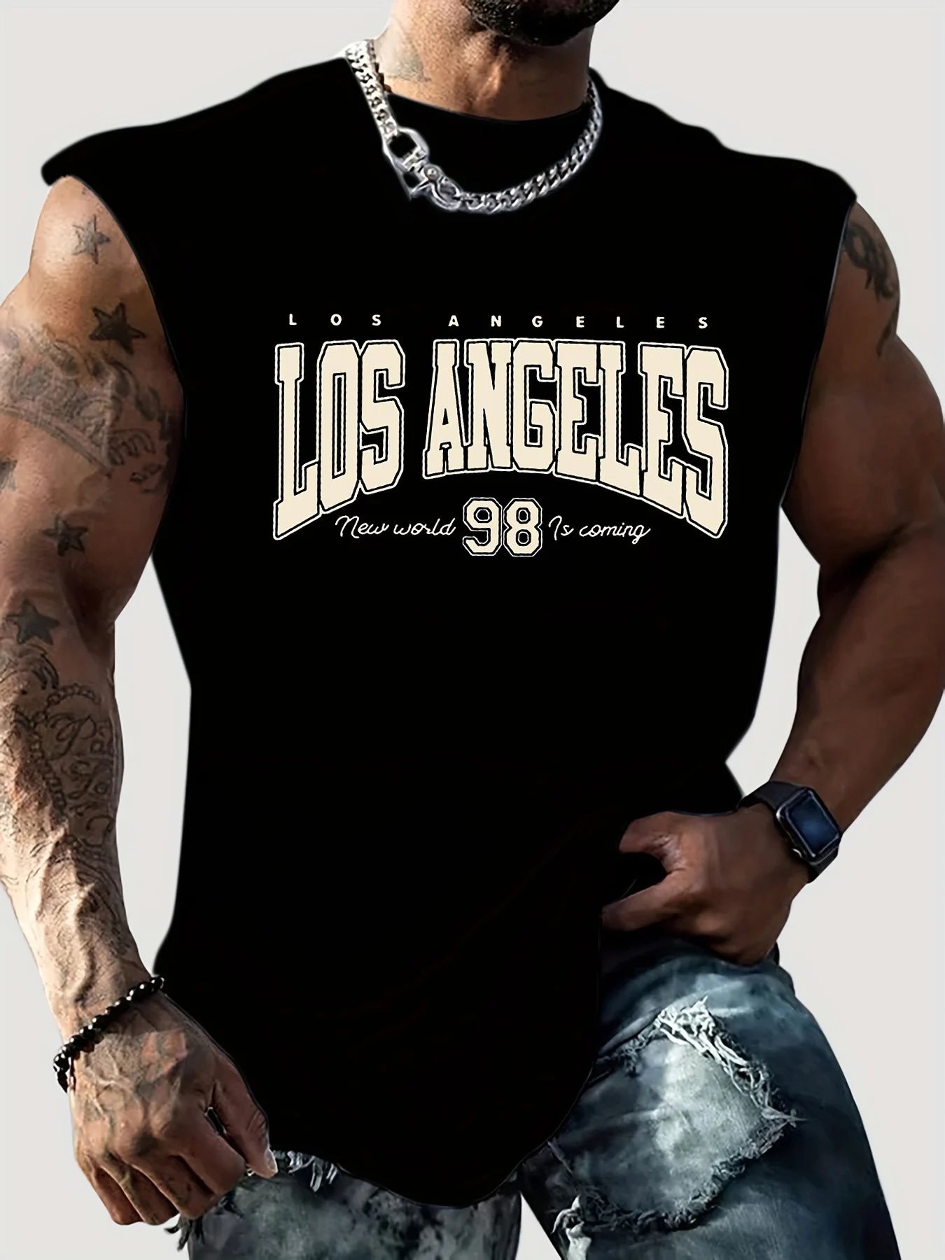 Men's Summer Leisure Sports Fitness Loose Los Angeles 98 Printed Comfortable Breathable Round Neck Sleeveless Tank Top