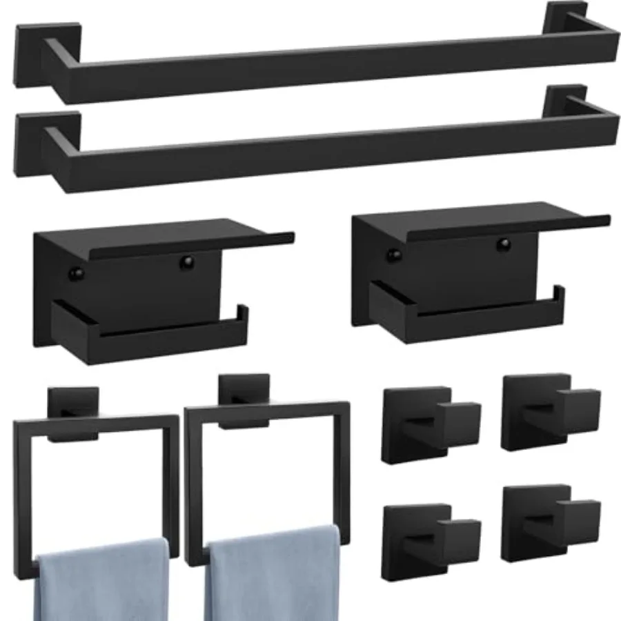 

Matte Black Towel Bar Set 10-Pieces Bathroom Hardware Set23.6 Inch Towel Bar Stainless Steel Wall-Mounted