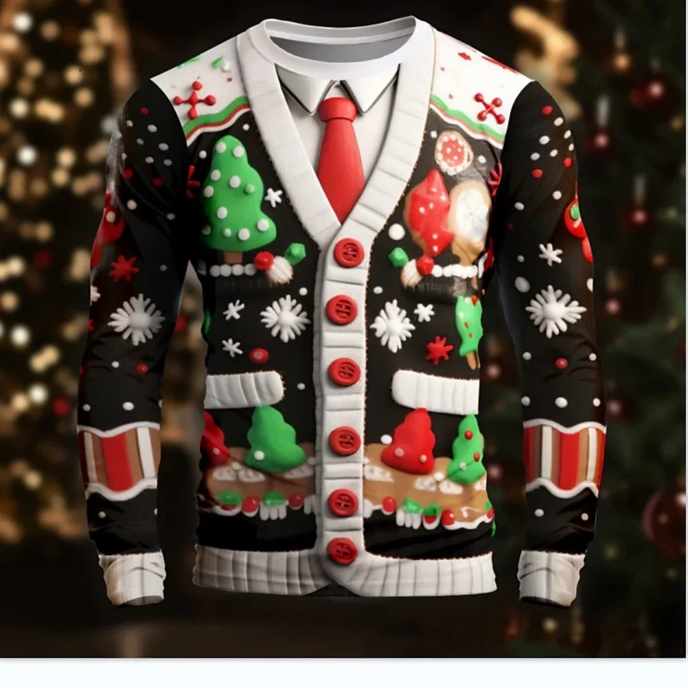 Mens Polyester Fiber 3D Printed Snowflake Xmas Tuxedo Pattern Long Sleeve Tee Round Neck Festival Costume