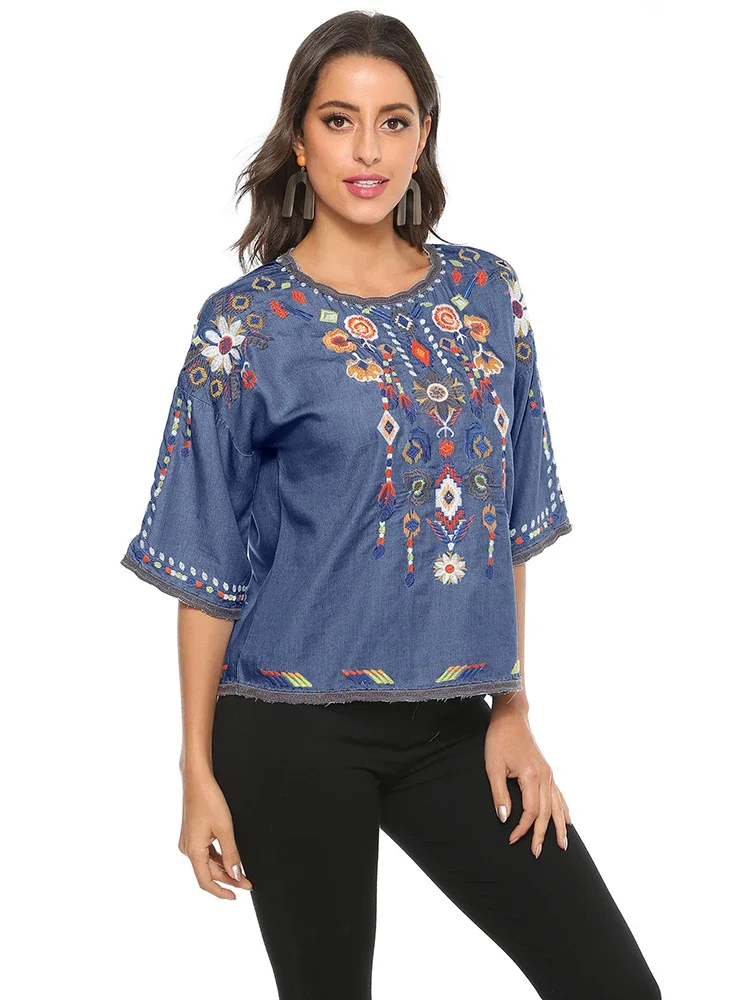 KHALEE YOSE Vintage Floral Embroidery Blouse Shirt Blue Denim Summer Mexican Shirt Women Holiday Casual 23XL Ethnic Shirt Tops