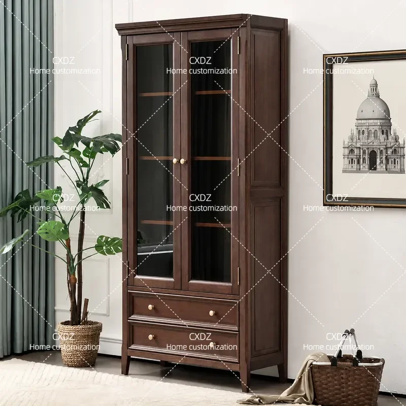Solid Wood Bookcase with Glass Doors Two Door Wine Cabinet Living Room Storage Shelf Wall Mounted Display Unit for Small