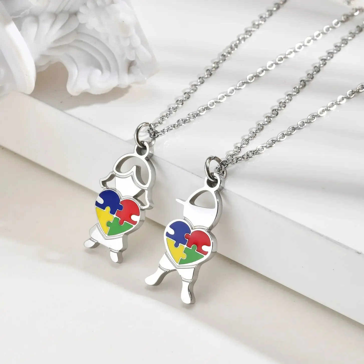 Heart Puzzle Piece Pendant Necklace for Autism, Stainless Steel Silver Color Charm, Inspirational Jewelry Gift