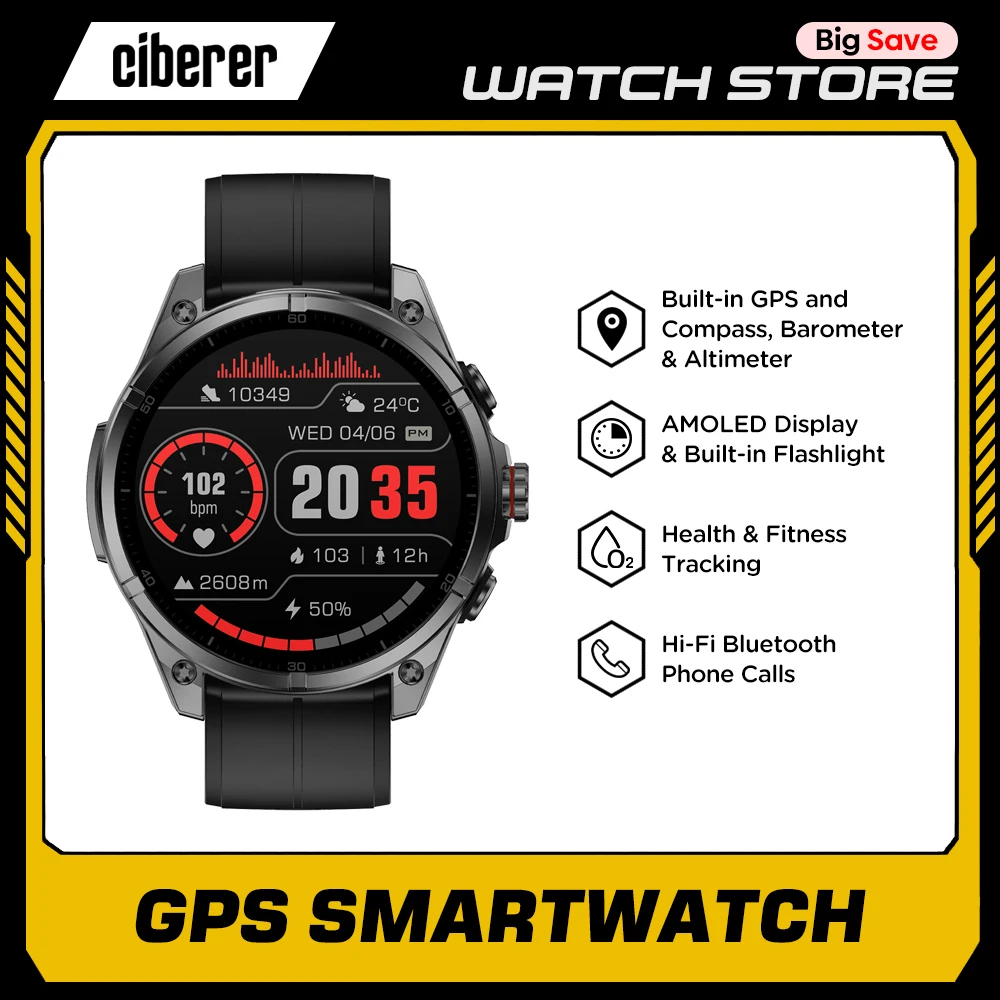 

New Ciberer FT66 GPS Smart Watch 1.43''AMOLED Display Built-in GPS and Compass Flashlight Health & Fitness Tracking Smartwatch