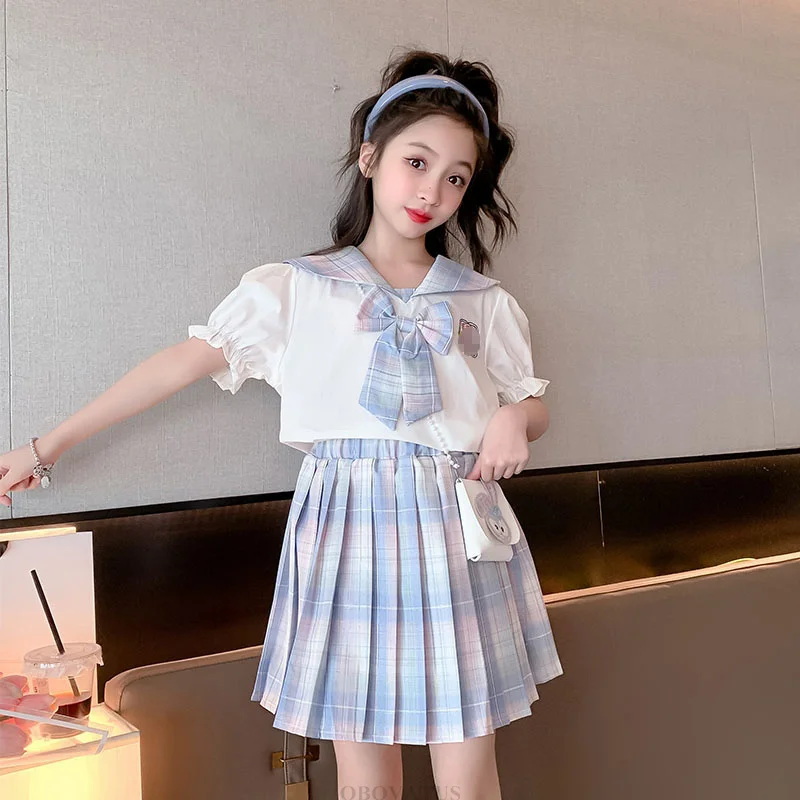 2026 Summer Baby Girls Uniform Clothes Set Child Tops Shirt+Blouse 2Pieces Suits Teenager Outfits With Bow Kids School Outerwear