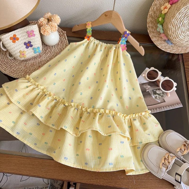

Summer Girls' Braces Skirt2025New Fresh Sweet Flowers Princess Dress with Bags for Free