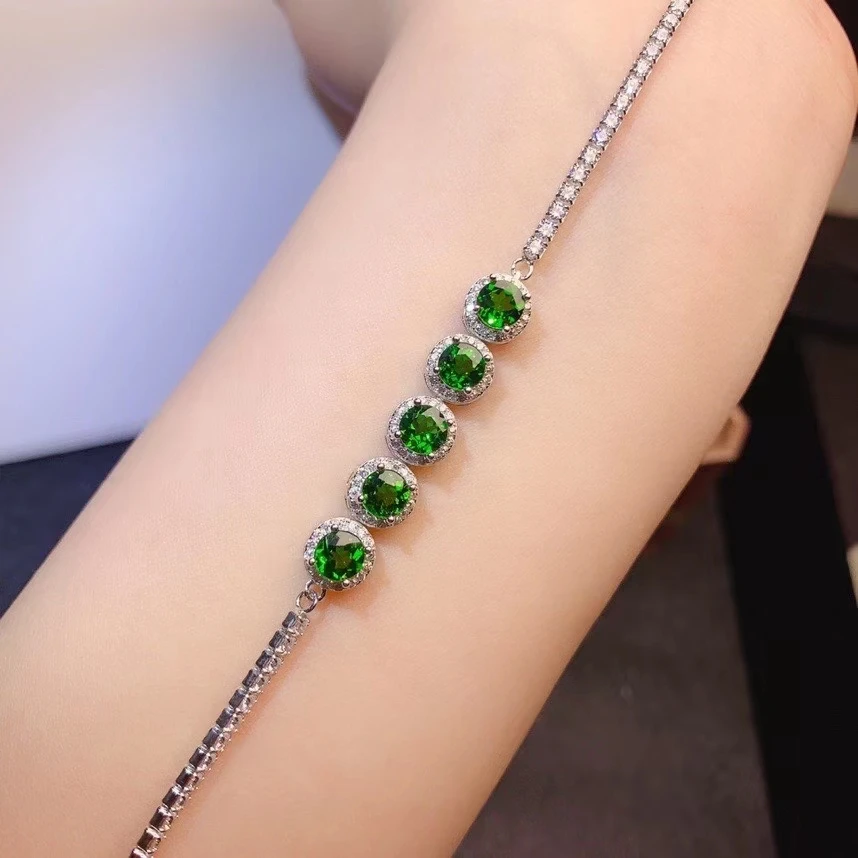 

Fashion Round Gemstone Bracelet 5mm Natural Diopside Bracelet for Office Woman Solid 925 Silver Diopside Silver Bracelet Woman