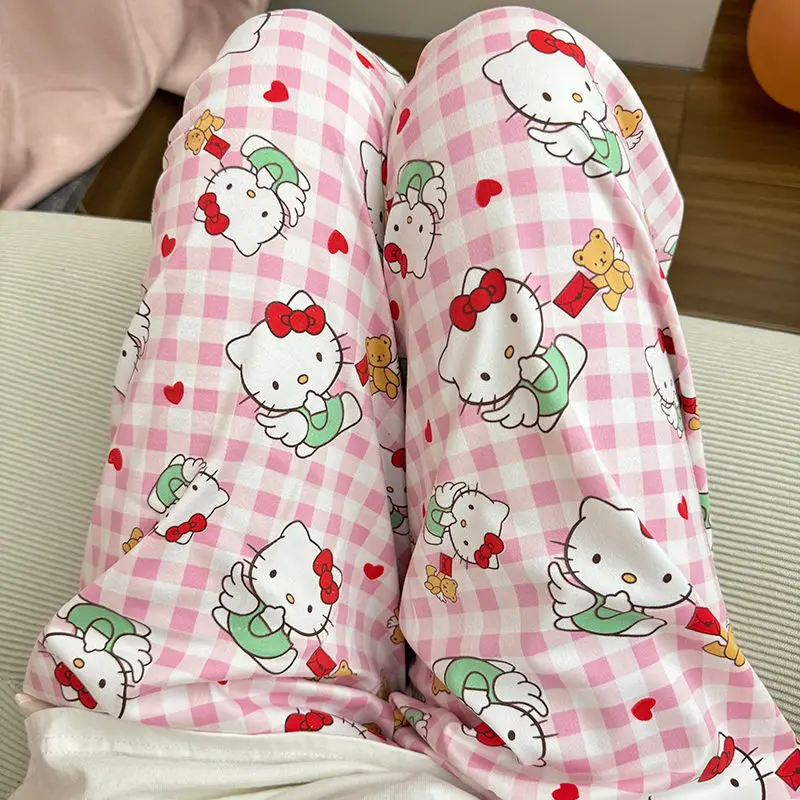 Sanrio-pantalones de pijama finos de Hello Kitty para mujer, pantalón de dibujos animados para caminar, estilo coreano, holgado, informal, pierna ancha, regalo para niña