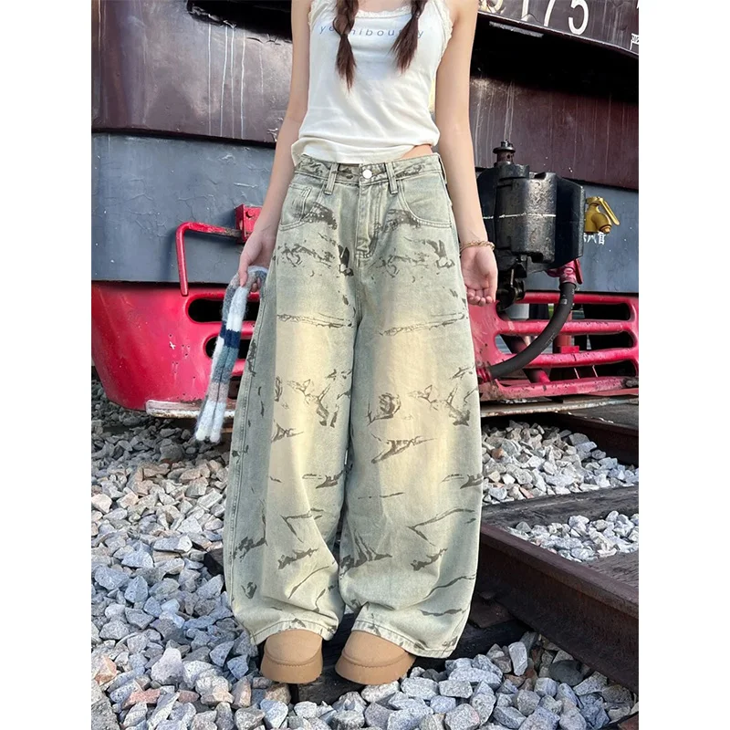 Y2K 커브드 나이프 진 여성용 아메리칸 레트로 그래피티 디스트레스드 워시드 와이드 레그 루즈 플로어 팬츠