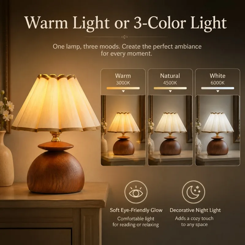 French Vintage Solid Wood Pleated Shade Bedside Decor with Warm or Three Color Light for Bedroom Study Hotel Ambient Table Lamp