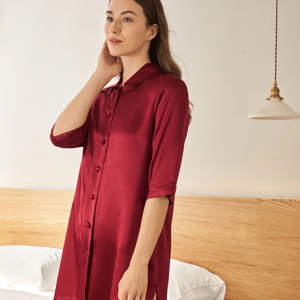 LILYSILK Silk Nightgown Women Sleepwear Chemises Shirt Dress 22 momme 3/4 Sleeve Button Mini Nightshirt Female Sexy Luxury