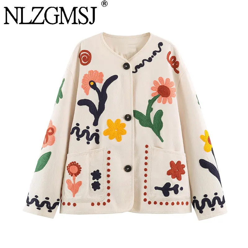 Nlzgmsj 2026 Women Vintage Floral Embroidery Coat Round Neck Long Sleeve Loose Fit Jacket Pocket Casual Outerwear