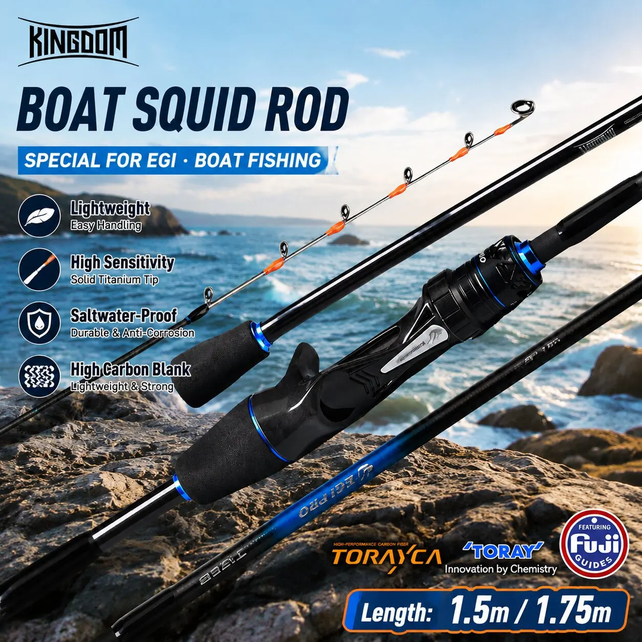 KINGDOM EGI Boat Squid Fishing Rod 1.5m 1.75m Solid Titanium Tip High Carbon Fiber Rod Saltwater Lure Fishing Pole for Octopus