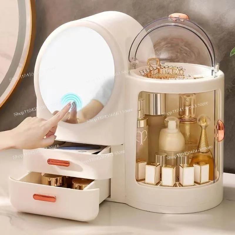 Large capacity cosmetic storage box with mirror LED light storage rack desktop dresser