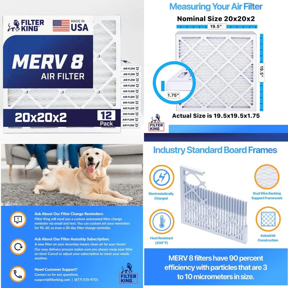 

20x20x2 MERV 8 Pleated Air Filters for HVAC Systems - 12 Pack, US Made, Actual Size 19.5x19.5x1 - High Efficiency Furnace Filter