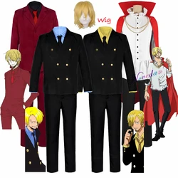 Anime Wano Country Vinsmoke Sanji Cosplay Costume Red Uniform Cloak Wig Set Halloween Carnival Party Disguise Clothes Suit