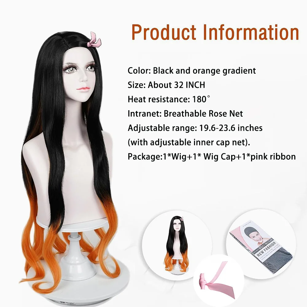 Rambut Komposit Cosplay Anime Demon Slayer Kamado Nezuko Berkualitas Tinggi 32-Inci Rambut Keriting Bergelombang Wig Pesta Harian Natal Halloween