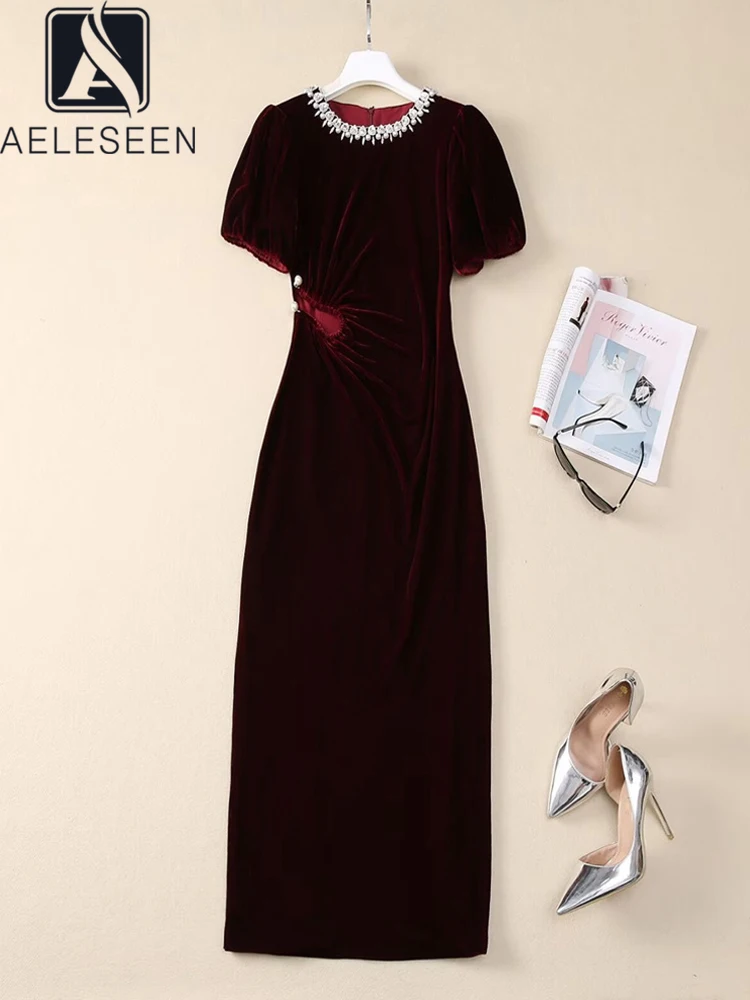 

AELESEEN Elegant Long Velvet Dress Women Autumn Puff Sleeve Crystal Diamonds Collar Pearls Hollow Out Draped Split Slim Party