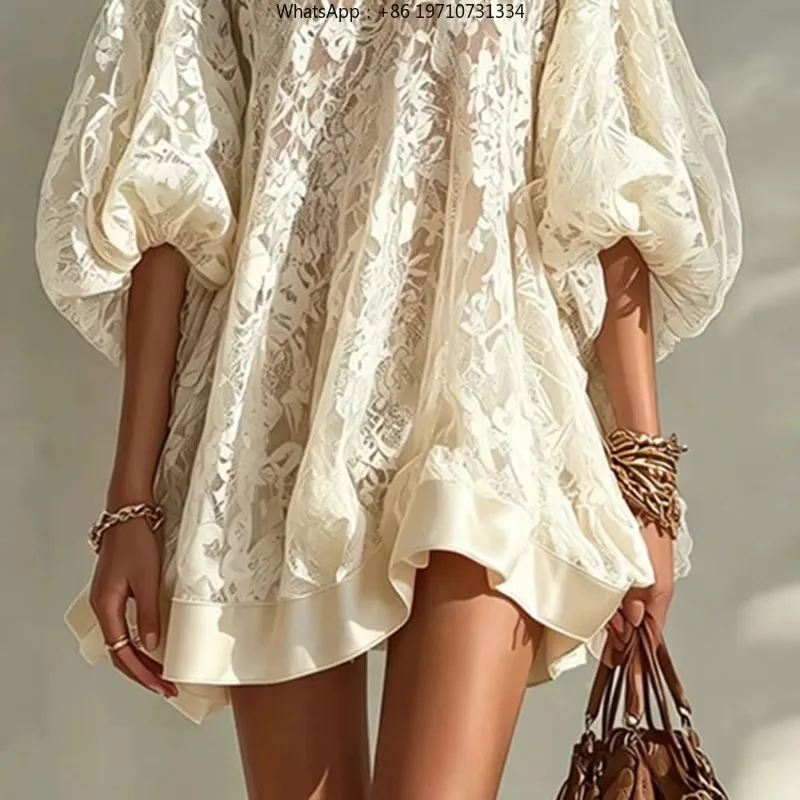 Vintage See Through Lace Dress Women O Neck Oversized Puff Sleeve Loose A Line Short Dress Elegant Summer Bohemian Holiday Dress