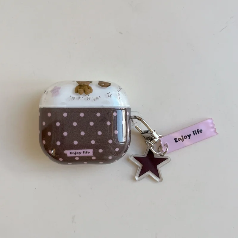 Cute Bear Pink Polka Dot Pattern Earphone Cover Case for Airpods Series, 1, 2, 3, 4,Pro, Pro2,Pro3,,Anti-fall