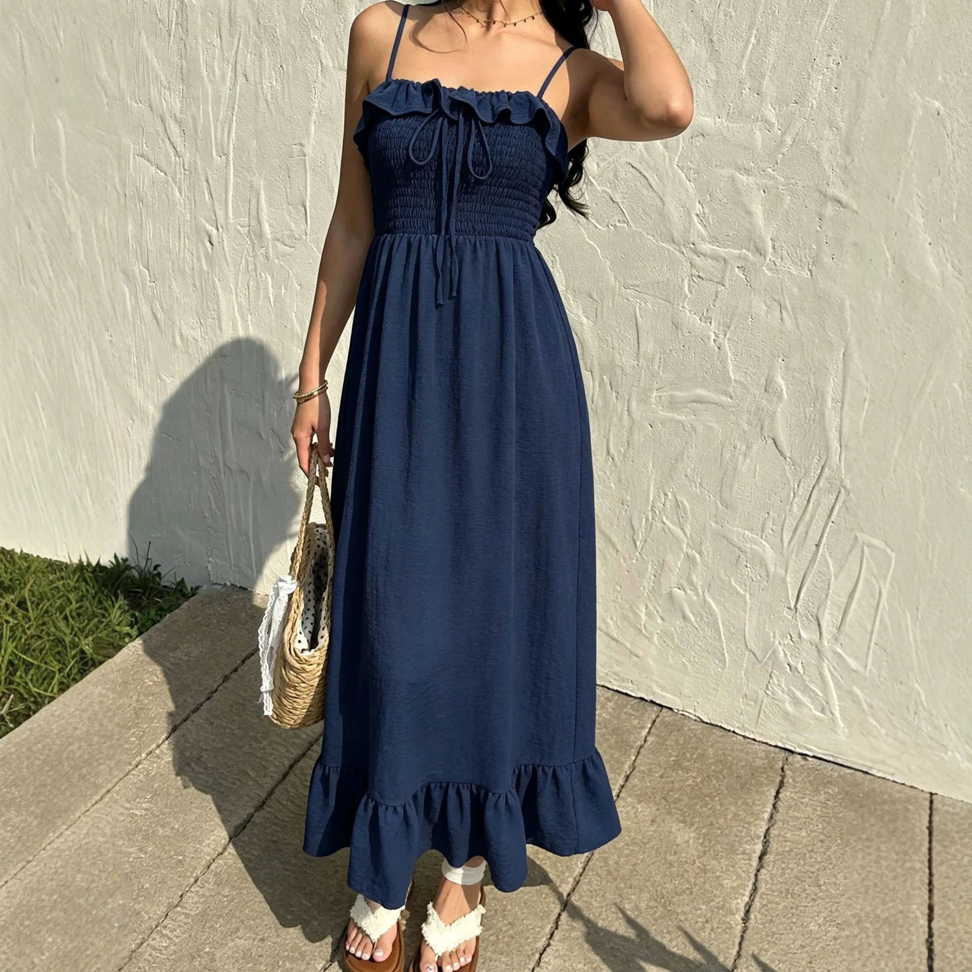 Ruffle Strap Dress for Women Summer Slimming Backless Maxi Vacation Dress