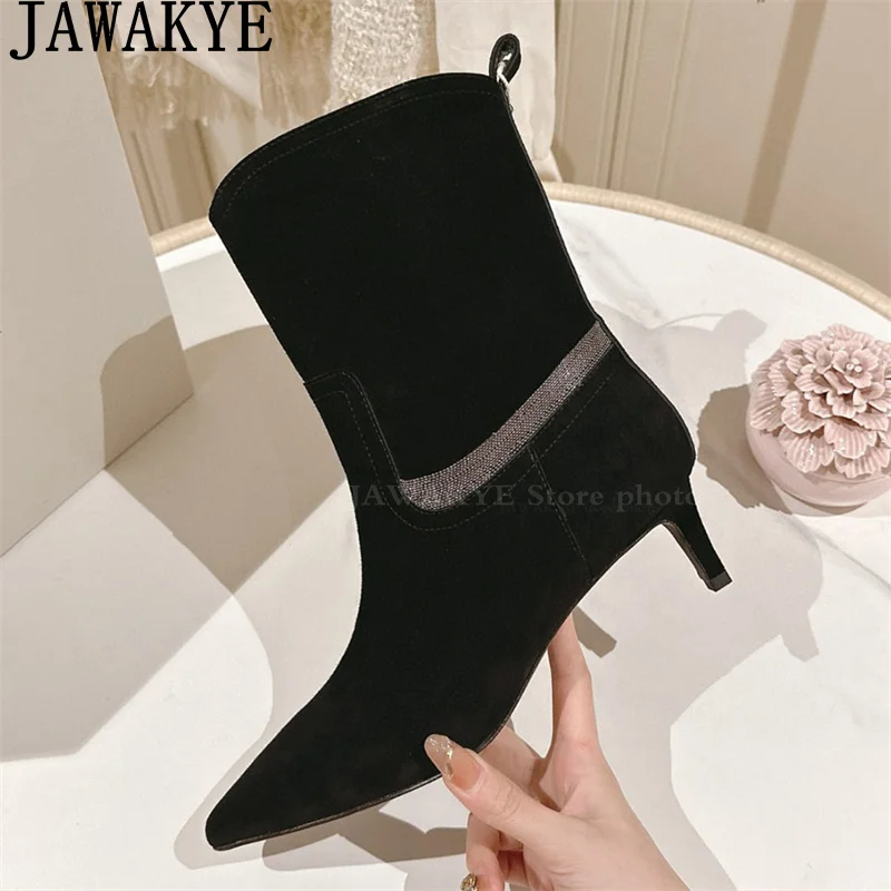 

Suede Leather Pointy toe Kitten Heels Ankle Boots Women Autumn Runway Chelsea Short Boots Winter Fashion Week Boots femina