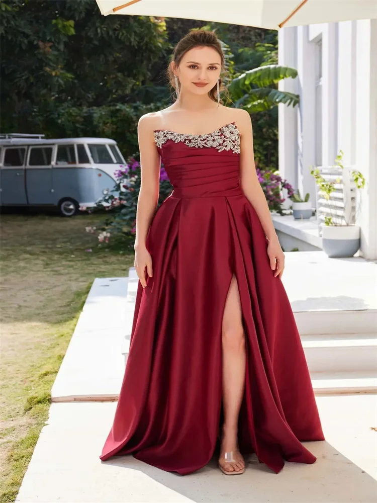 A-Line Evening Dresses Sparkle & Shine Ladies Formal Evening Floor Length Sleeveless Boat Neck High Slit Embroidery With Satin