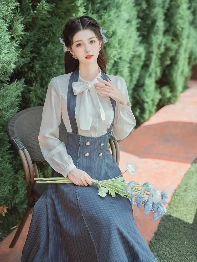 Vintage Lolita Style Two Piece Skirt Set Women Spring Autumn Bow Shirt and Strap Striped Long Skirts Outfits