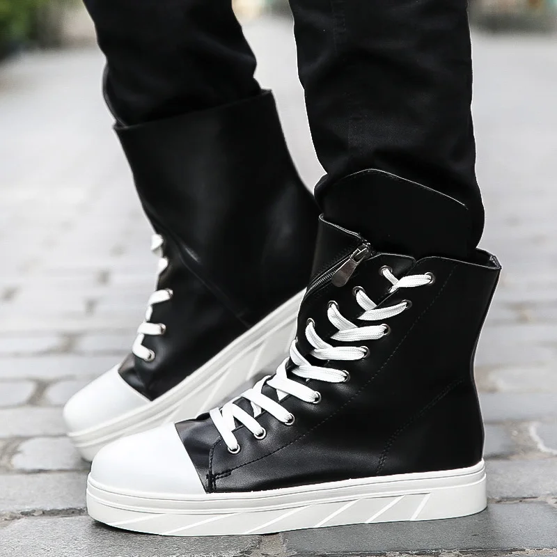 

Men's High Tube Moto Boots, Fashion Matchable Casual Footwear, Korean Style White High-top Skate Shoes for Spring