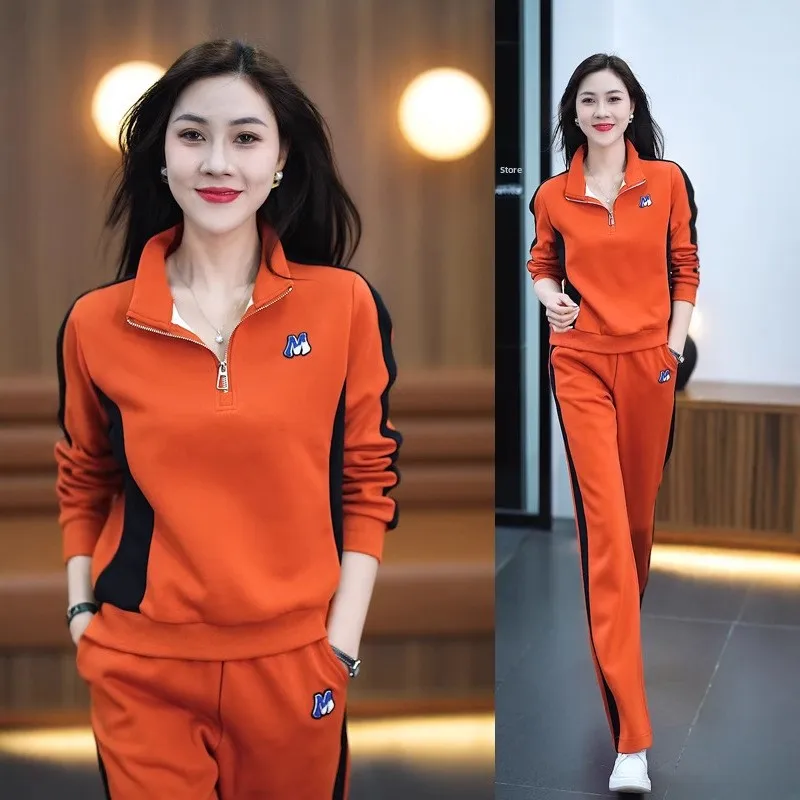 Fashionable Sportswear Set for Women Casual Stand Collar Slimming Wide Leg Pants Two Piece Suit Autumn Winter Leisure Style