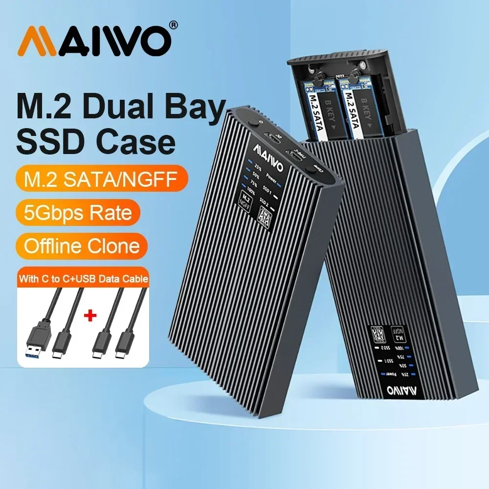 MAIWO M.2 Caja de disco duro móvil Protocolo SATA Notebook Caja externa SSD de estado sólido M.2 SATA Caja SSD de doble bahía con clonación