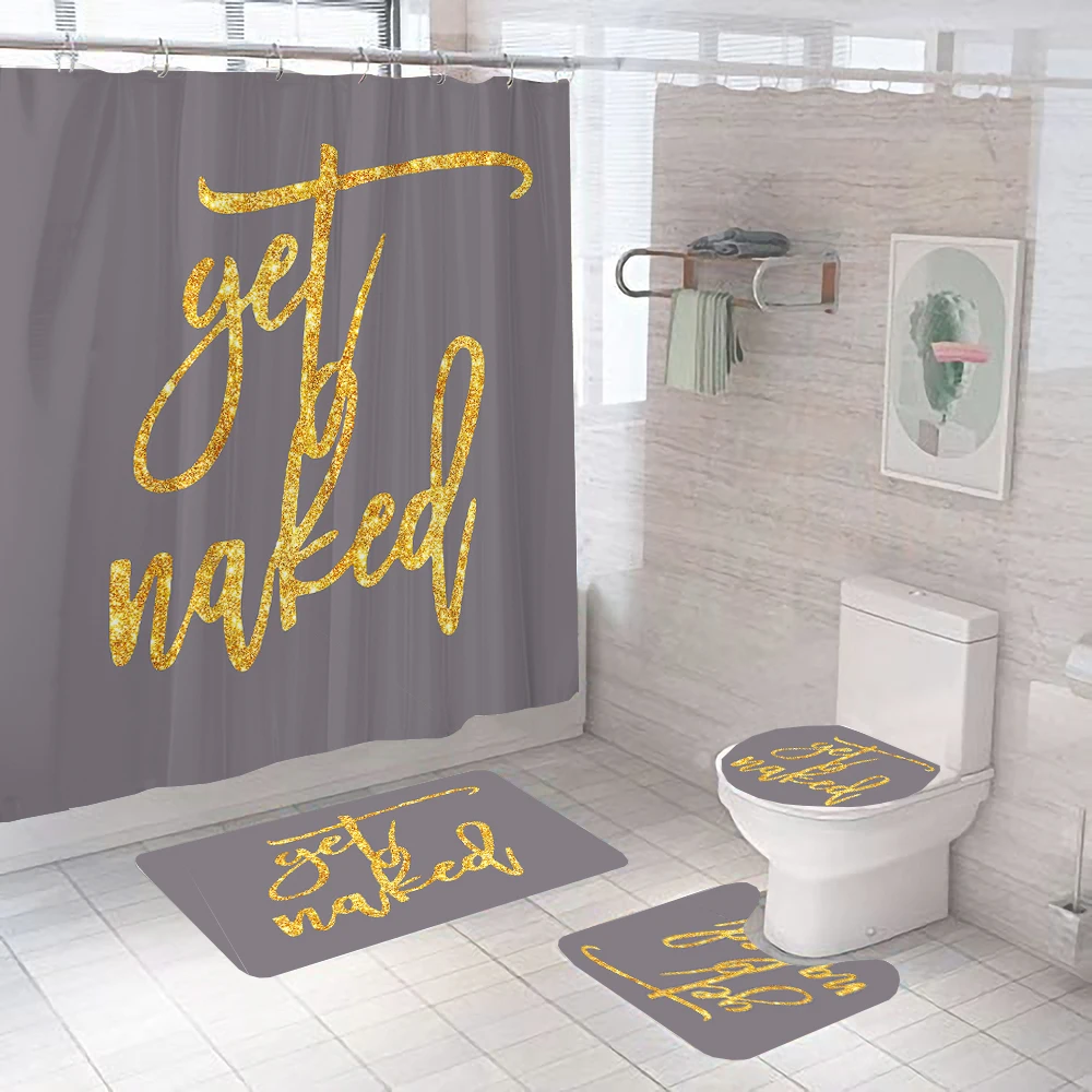 Get Naked Pattern Bathroom Curtain Set Golden Gray Print Shower Curtains Bath Mats Pedestal Rugs Toilet Cover Non-slip Carpet