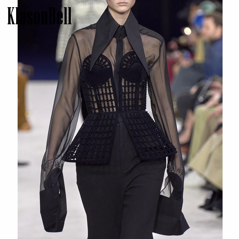 

12.5 KlasonBell Fashion Runway Sexy Sheer Lapel Cuff Sleeve Spliced Acetate Simple Shirt Women