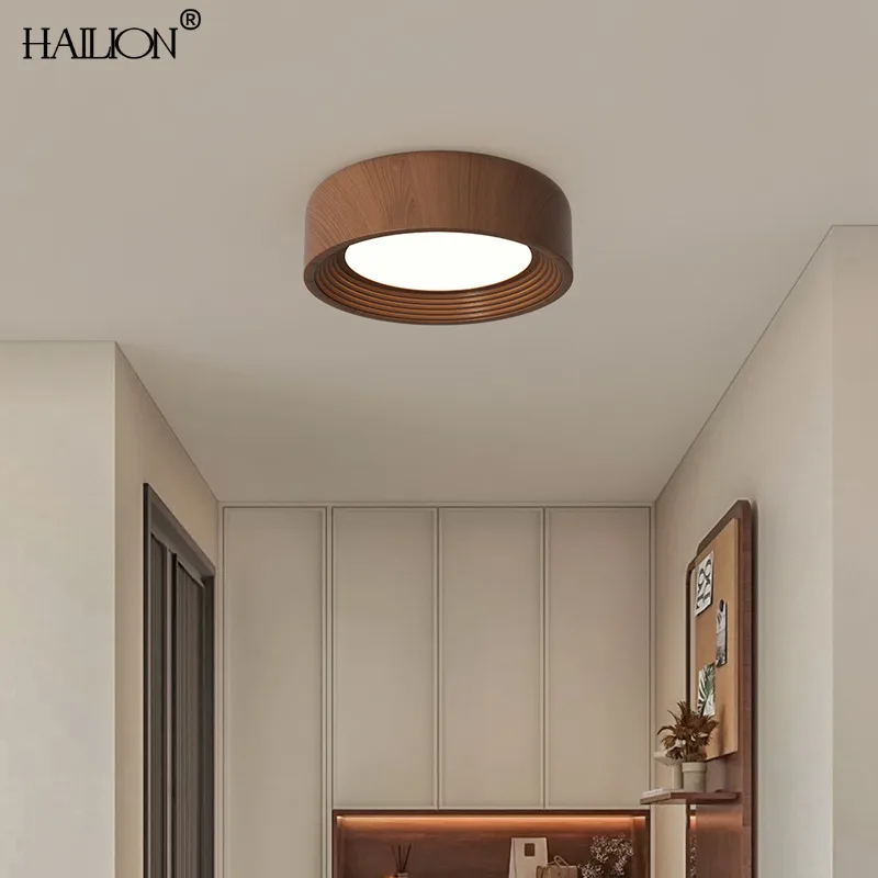 Retro Walnut Wood Grain Aisle Light Round LED Corridor Light Medieval Bedroom Porch Simple Ceiling Lamp Indoor Lighting Decor