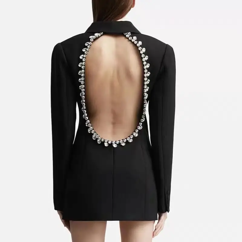 Backless Diamonds Beading Black Blazer Dress New Designer Personalized Open Back Studded Mid Length Suits Coat Jacket Women G711