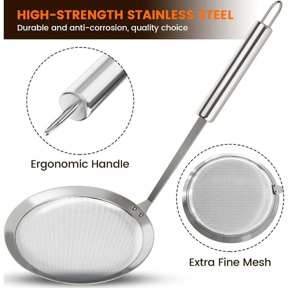 Stainless Steel Fine Mesh Strainer Spoon Round Handle Kitchen Filter Cooking Food Strainer Ladle for Skimming Grease Foam