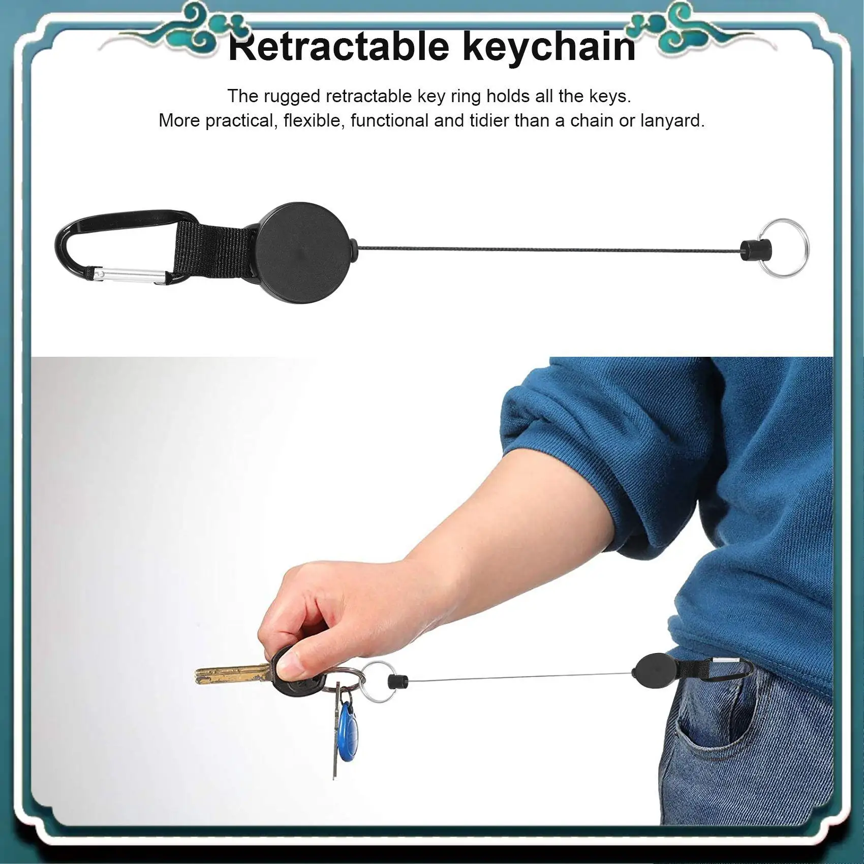 سهلة الاستخدام 4 قطع سلسلة مفاتيح قابلة للسحب شديدة التحمل حامل شارة قابل للسحب مشبك بكرة مع حبل سلك فولاذي 64 سم #1