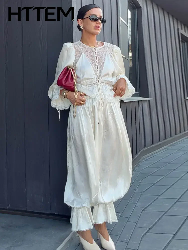 2026 Autumn Elegant Lace Patchwork Top Pants Women Set Chic Long Sleeve O-neck Blouse Pleated Trousers Lady Outfit New
